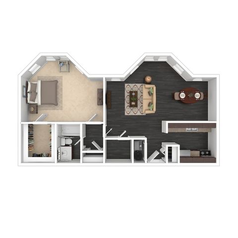 Modern 2D floor plan showcasing a spacious 1-bedroom layout with a stylish open-concept living room, dining area, and a sleek kitchen.