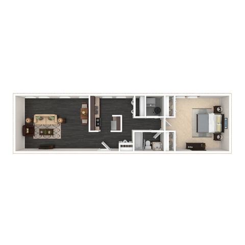 Modern 2D floor plan featuring an elegant bedroom, a spacious open-plan living area, sleek kitchen, and stylish bathroom.