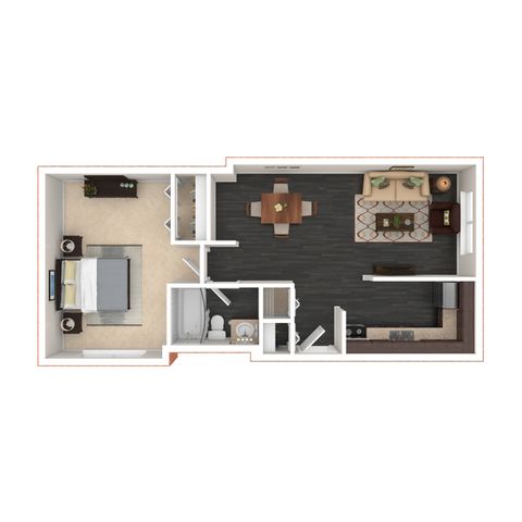 Sleek 3D floor plan showcasing a 1-bedroom apartment, featuring an open-concept living and dining area, modern kitchen, and a cozy bathroom.