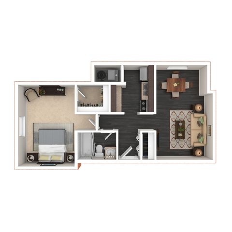 Chic apartment floor plan showcasing one bedroom, elegant kitchen, cozy dining area, and spacious living room with modern design.