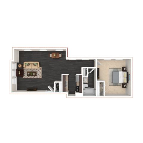 Modern 3D floor plan showcasing a spacious one-bedroom apartment with an open-plan living and dining area, sleek kitchen, and stylish bathroom.