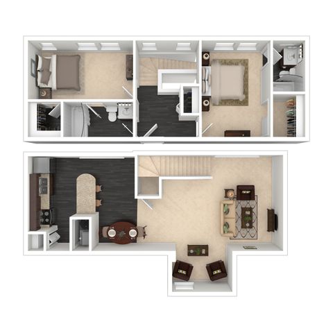 Modern 3D floor plan featuring two cozy bedrooms, two bathrooms, a sleek kitchen with island, and an open-concept living and dining area on two levels.