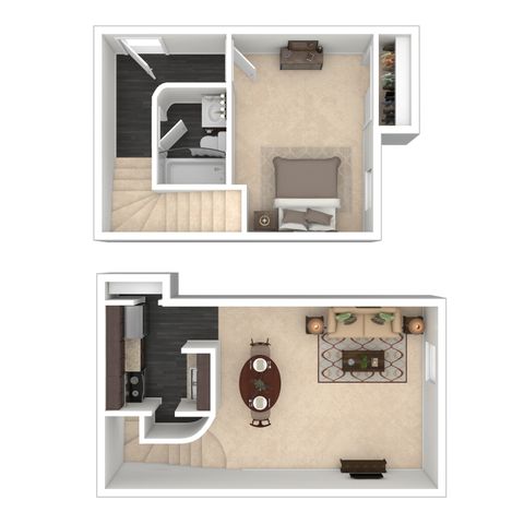 Charming 2-story floor plan featuring a cozy bedroom with ensuite, inviting living and dining area, and modern kitchen layout.