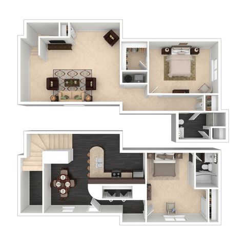 Modern floor plan showcasing a two-level apartment with two bedrooms, chic living room, and elegant kitchen with dining area.