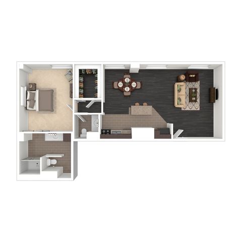 Modern floor plan with one bedroom, open-concept living and dining area, spacious kitchen, and sleek bathroom.