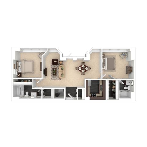 Contemporary floor plan showcasing a two-bedroom layout with an inviting living area, elegant dining space, and modern kitchen, designed for comfort and style.