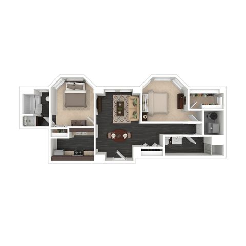 Modern floor plan with two cozy bedrooms, sleek open kitchen, elegant living area, and two bathrooms.