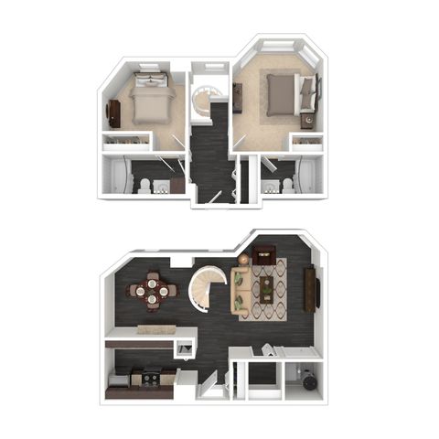 Elegant 3D floor plan showcasing an inviting lower level with stylish kitchen, dining, and living area, and an upper level featuring two cozy bedrooms and modern bathrooms.
