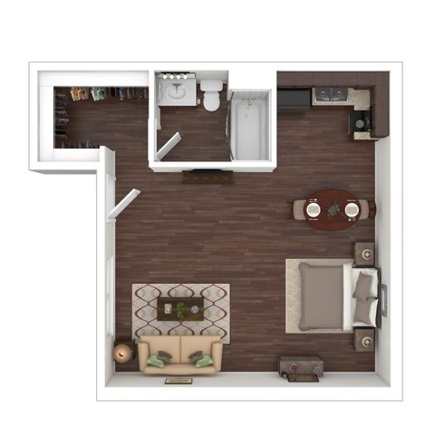 Elegant floor plan with a cozy bedroom, open-concept living area, modern kitchen, and bathroom, perfect for stylish urban living.