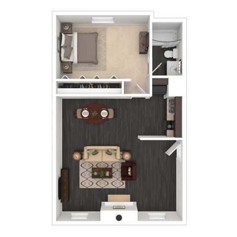 Modern floor plan showcasing a spacious one-bedroom apartment with an elegant living area, sleek kitchen, and cozy dining nook.