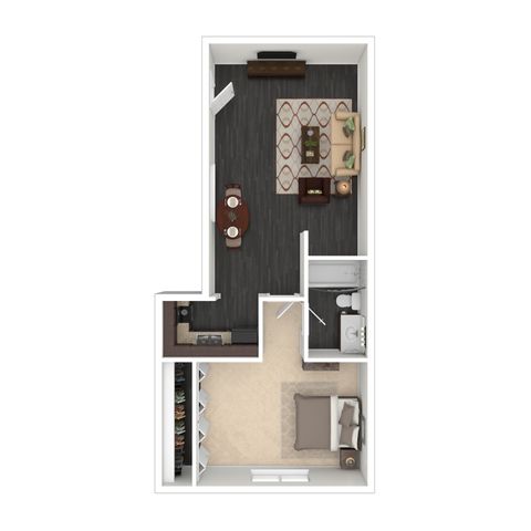 Modern floor plan featuring a single bedroom, inviting living area, compact kitchen, and elegant bathroom, perfect for comfortable urban living.