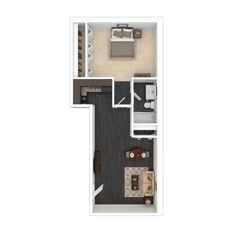 Chic open-concept floor plan showcasing a spacious bedroom, modern kitchen, cozy living area, and well-appointed bathroom.