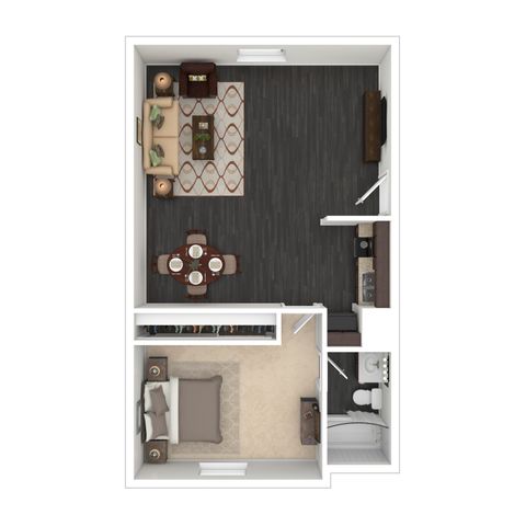 Modern floor plan showcasing a cozy one-bedroom apartment with an inviting open-concept living and dining area, sleek kitchen, and well-designed bathroom.
