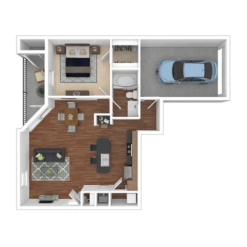 Contemporary floor plan showcasing 1 bedroom, open living and dining area, modern kitchen, bathroom, and attached garage.