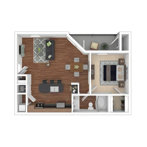 Chic 1-bedroom apartment floor plan featuring an open-plan living and dining area, modern kitchen with an island, and cozy balcony space.