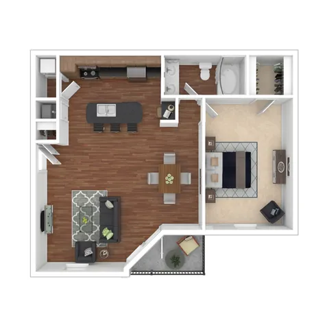 Modern 3D floor plan featuring one bedroom, an inviting open living and dining area, sleek kitchen with breakfast bar, luxurious bathroom, and cozy outdoor patio.