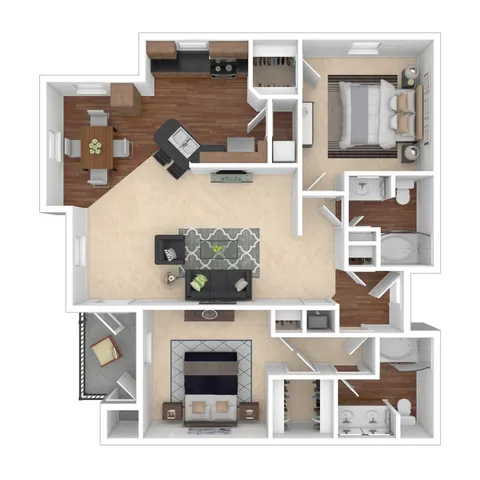Elegant floor plan featuring two bedrooms, a modern open-concept living area, sleek kitchen with dining space, and two bathrooms.