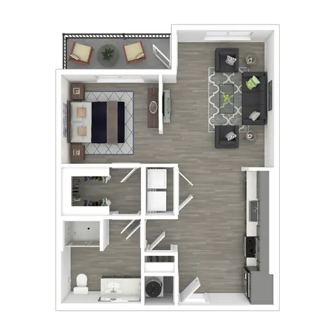Modern 3D floor plan showcasing a spacious studio apartment with open living and dining area, contemporary kitchen, cozy balcony, and luxurious bathroom.