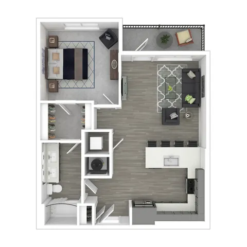 Modern open-concept floor plan featuring a spacious living area, stylish kitchen with a breakfast bar, cozy bedroom, and inviting balcony.
