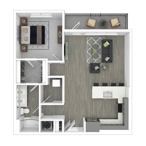 Modern floor plan featuring a spacious one-bedroom apartment with open-concept living area, sleek kitchen with island, elegant bathroom, and cozy balcony.