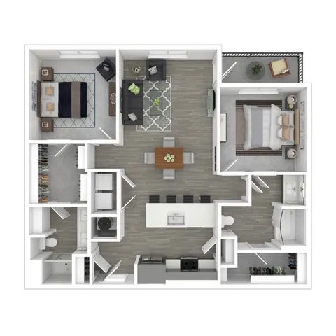 Modern 3D floor plan showcasing 2 bedrooms, spacious living area, contemporary kitchen, and cozy balcony.