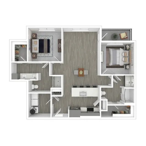 Modern apartment floor plan showcasing two spacious bedrooms, a sleek open kitchen with island, inviting living area, and two stylish bathrooms, complete with a private balcony.