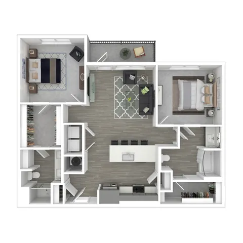 Modern 3D floor plan showcasing open-concept living area, two bedrooms, spacious kitchen, and balcony seating area.