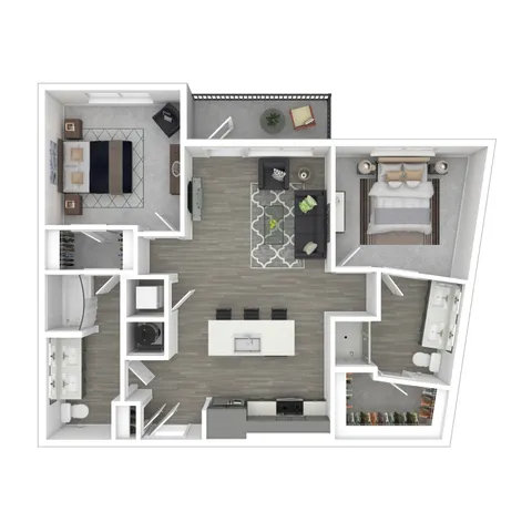 Modern and spacious 3D floor plan featuring 2 bedrooms, a stylish open-concept living area, and a sleek kitchen with an island. Includes two bathrooms and a cozy balcony for relaxation.