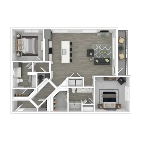 Modern floor plan showcasing 2 bedrooms, stylish open kitchen with island seating, cozy living area, and inviting balcony space.