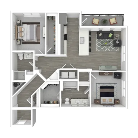 Elegant 3D floor plan showcasing 2 bedrooms, expansive living room, modern kitchen with island, and cozy patio area.