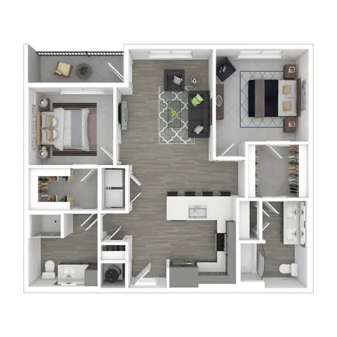 Contemporary floor plan with two bedrooms, open-concept living and dining area, modern kitchen with island, and a cozy balcony.