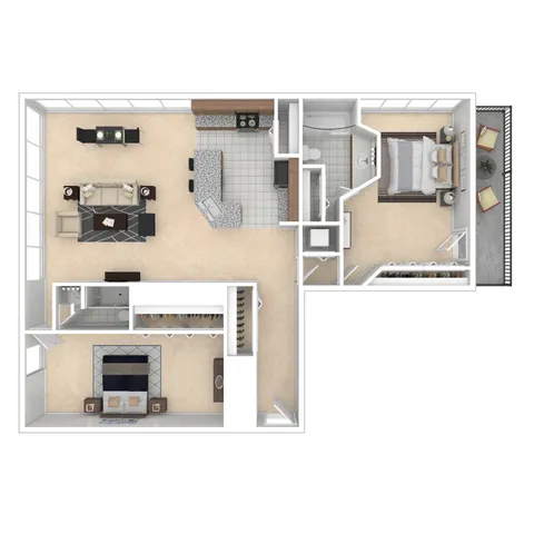 Modern floor plan showcasing 2 bedrooms with private balcony, open-concept living and dining area, and a gourmet kitchen with island.