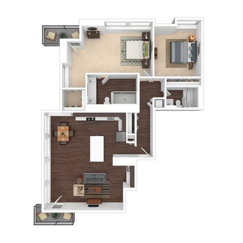 Modern 3D floor plan showcasing 2 bedrooms, 2 bathrooms, open living area, and sleek kitchen, featuring two balconies for enhanced living space.