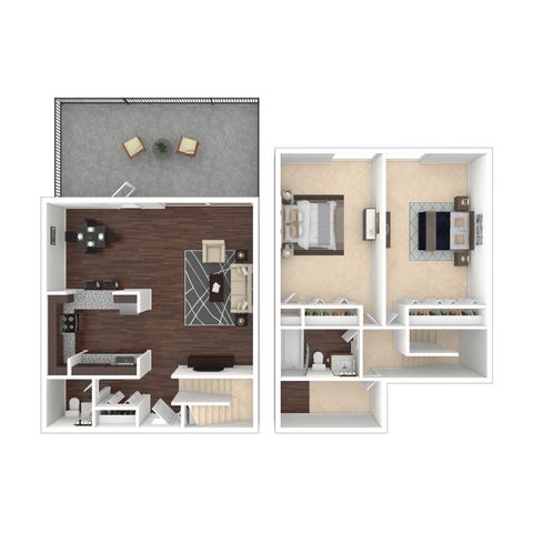 Modern 3D floor plan of a chic two-story apartment showcasing two bedrooms, a stylish open kitchen and dining area, cozy living room, and inviting balcony space.