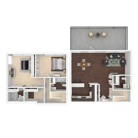Modern 3D floor plan showcasing a spacious layout with two bedrooms, open-concept living and dining area, stylish kitchen, and a private balcony with seating, perfect for urban living.