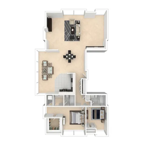 Elegant floor plan showcasing a spacious 2-bedroom apartment with an open-concept living and dining area, modern kitchen, cozy lounge, and two stylish bathrooms.