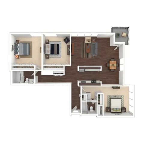 Elegant 3D apartment floor plan featuring three spacious bedrooms, a cozy living room, a modern kitchen, and a private balcony.