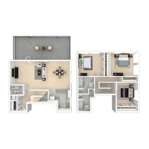 Modern 3D floor plan showcasing a two-story layout with three spacious bedrooms, a cozy living room, dining area, sleek kitchen, and an inviting outdoor patio.