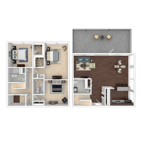 Modern 3D floor plan showcasing 3 bedrooms, spacious open-concept living and dining area, stylish kitchen, and a large outdoor patio.