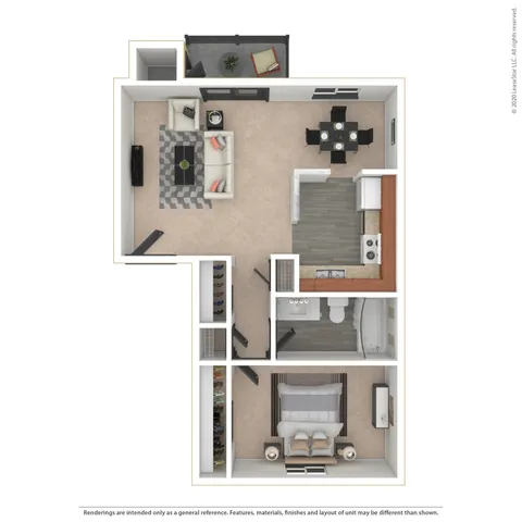Yellowstone floor plan showcasing 1-bedroom apartment with a spacious living area, sleek kitchen, and elegant bathroom. Includes a cozy balcony and dining space.