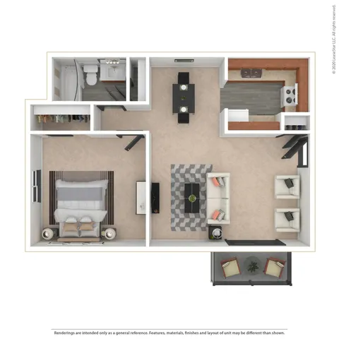 Yosemite 3D floor plan featuring a spacious 1-bedroom suite, modern kitchen with adjacent dining area, stylish living room, and a cozy balcony space.