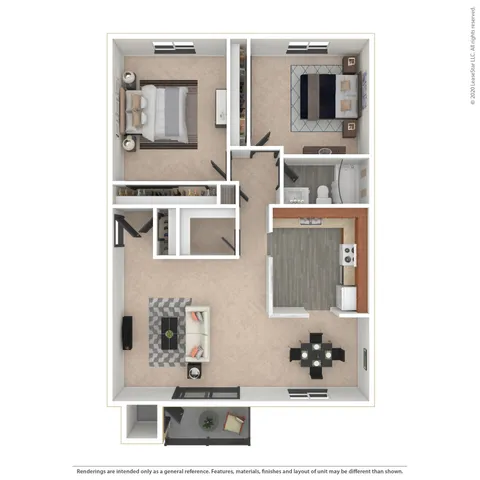 Aztec 3D apartment floor plan with 2 bedrooms, cozy living area, sleek kitchen, and spacious bathroom, perfect for stylish living.