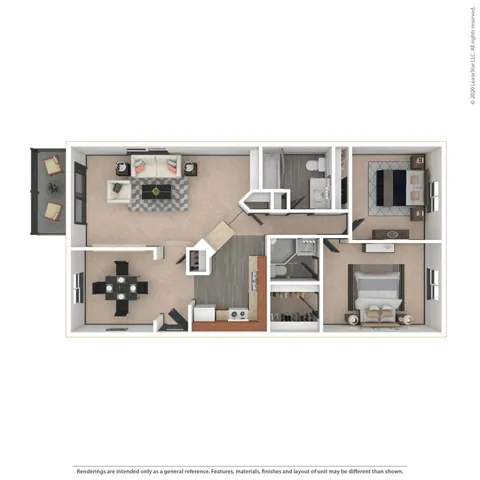 Canyon 3D apartment floor plan featuring 2 cozy bedrooms, a spacious living room, gourmet kitchen, and a private balcony for relaxation.