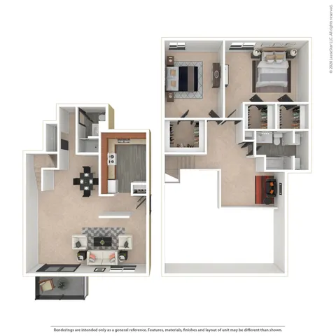 Cochise two-story floor plan featuring 2 bedrooms, 2 bathrooms, a spacious living area with open kitchen, and a cozy loft space.