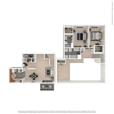 Denali 3D floor plan showcasing two spacious bedrooms, elegant living room, modern kitchen, and cozy dining area, ideal for comfortable living.