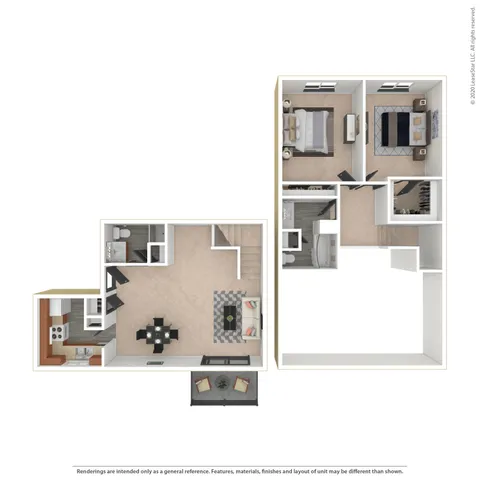 Glacier 3D floor plan featuring 2 bedrooms, a spacious living area, elegant kitchen, and cozy balcony, offering an inviting and well-designed living space.