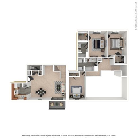 Mammoth floor plan with 3 bedrooms, inviting open-concept living and dining area, chic kitchen, and a cozy balcony.