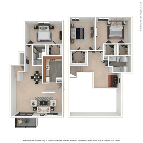 Rushmore 3D floor plan showcasing a two-story layout with 3 bedrooms, open-concept living area, stylish kitchen, and a cozy balcony.