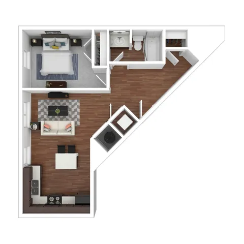 Broadway apartment floor plan showcasing a spacious bedroom, stylish bathroom, open-concept living and dining area, and sleek kitchen design.