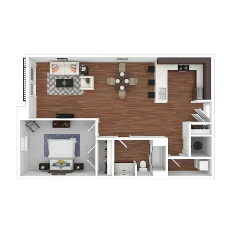 Phoenix 3D floor plan showcasing a cozy 1-bedroom apartment with an open-concept living and dining area, sleek kitchen, and compact bathroom.